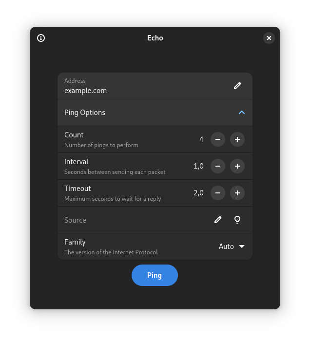 Screenshot of the Echo app. The current view is the main one before doing the ping. It features the address bar and ping options such as ping count, interval, timeout, source and family. At the bottom there's the ping button